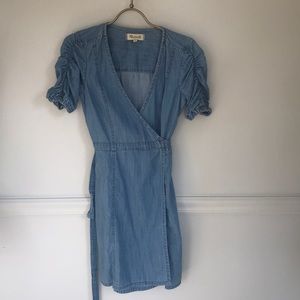 Madewell denim wrap dress with ruched sleeves